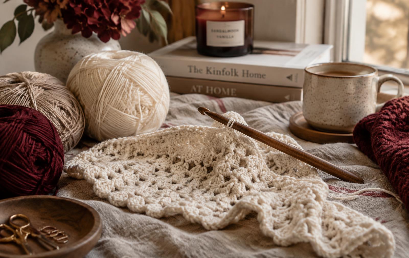 Handmade crochet in progress with cream yarn and a wooden hook
